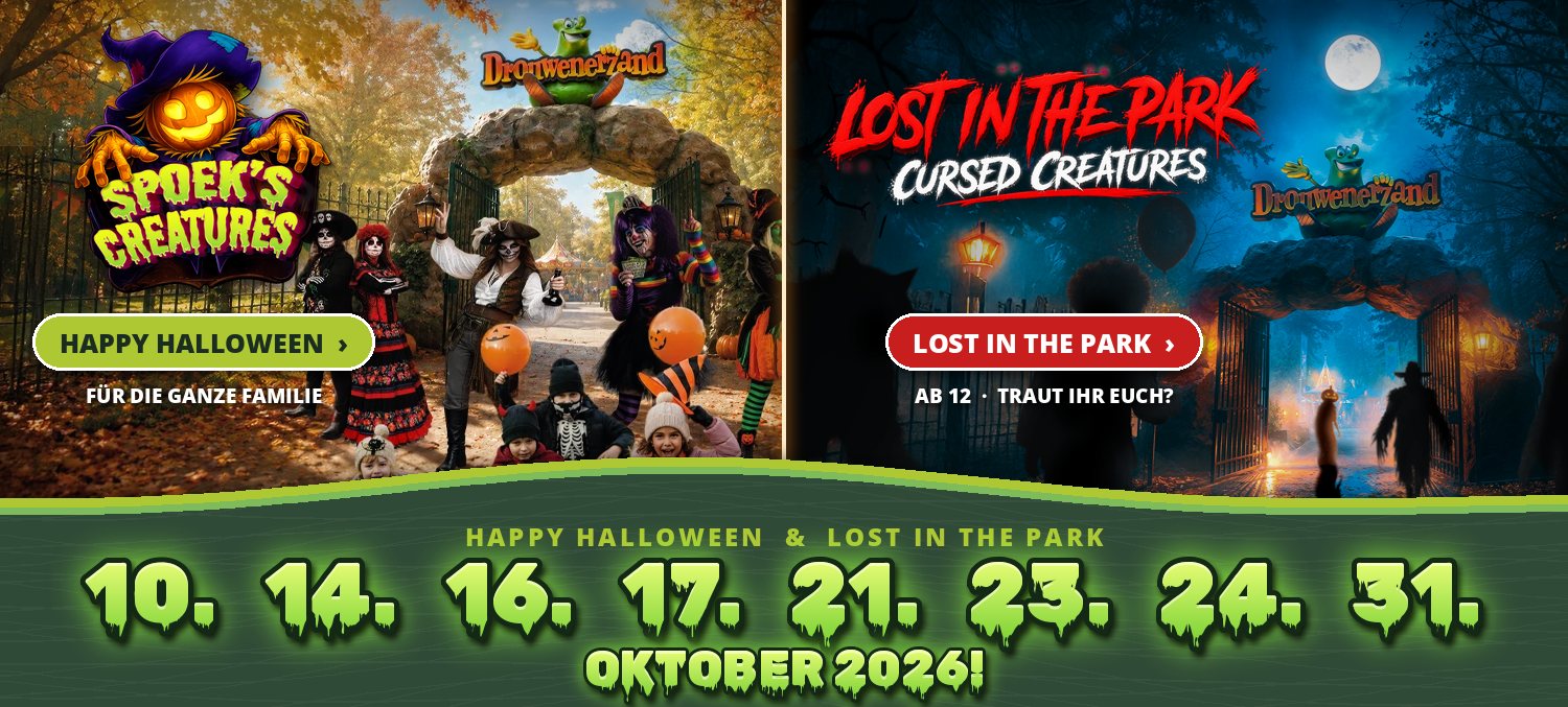DZ Header Halloween 2026 DE v2 (Happy Halloween + Lost in the Park) Happy Halloween und Lost in the Park im Freizeitpark Drouwenerzand: 10., 14., 16., 17., 21., 23., 24. und 31. Oktober 2026