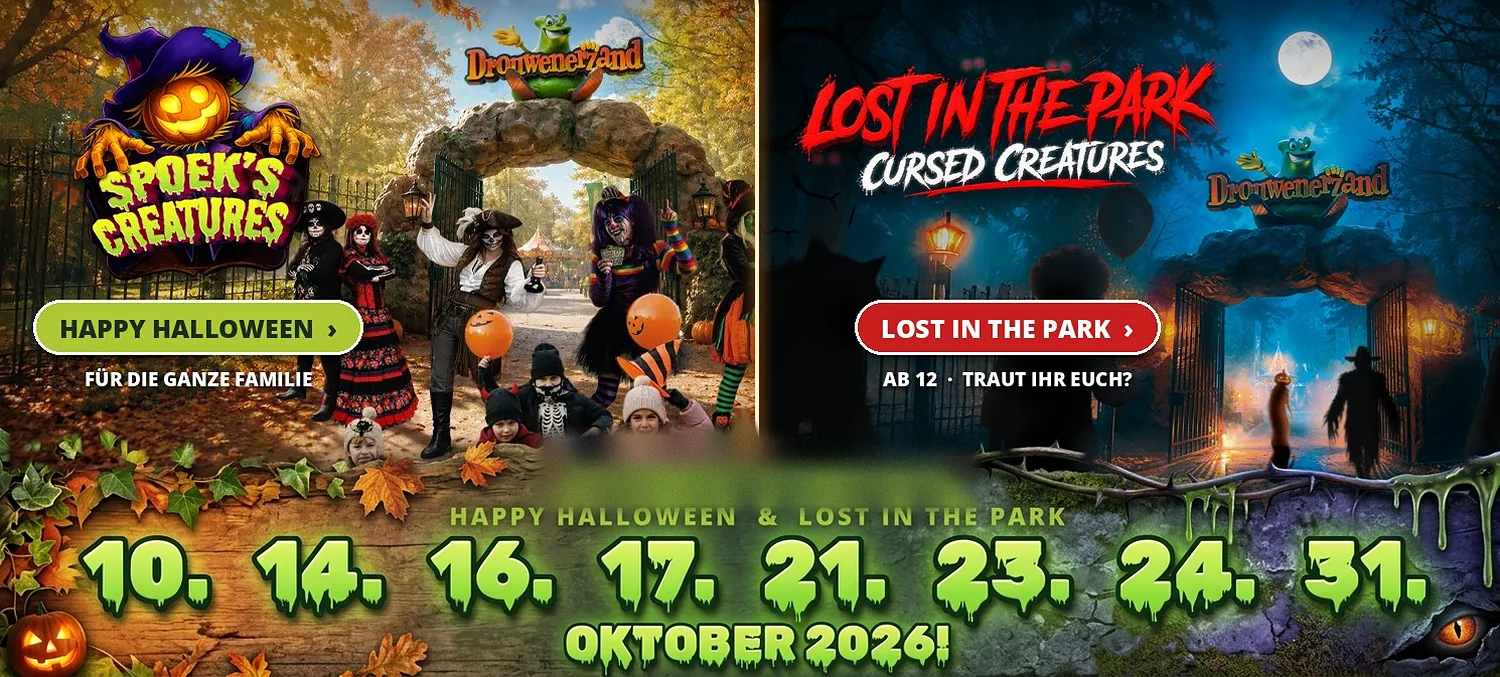 Halloween im Drouwenerzand: Happy Halloween für die ganze Familie und Lost in the Park am 10., 14., 16., 17., 21., 23., 24. und 31. Oktober 2026